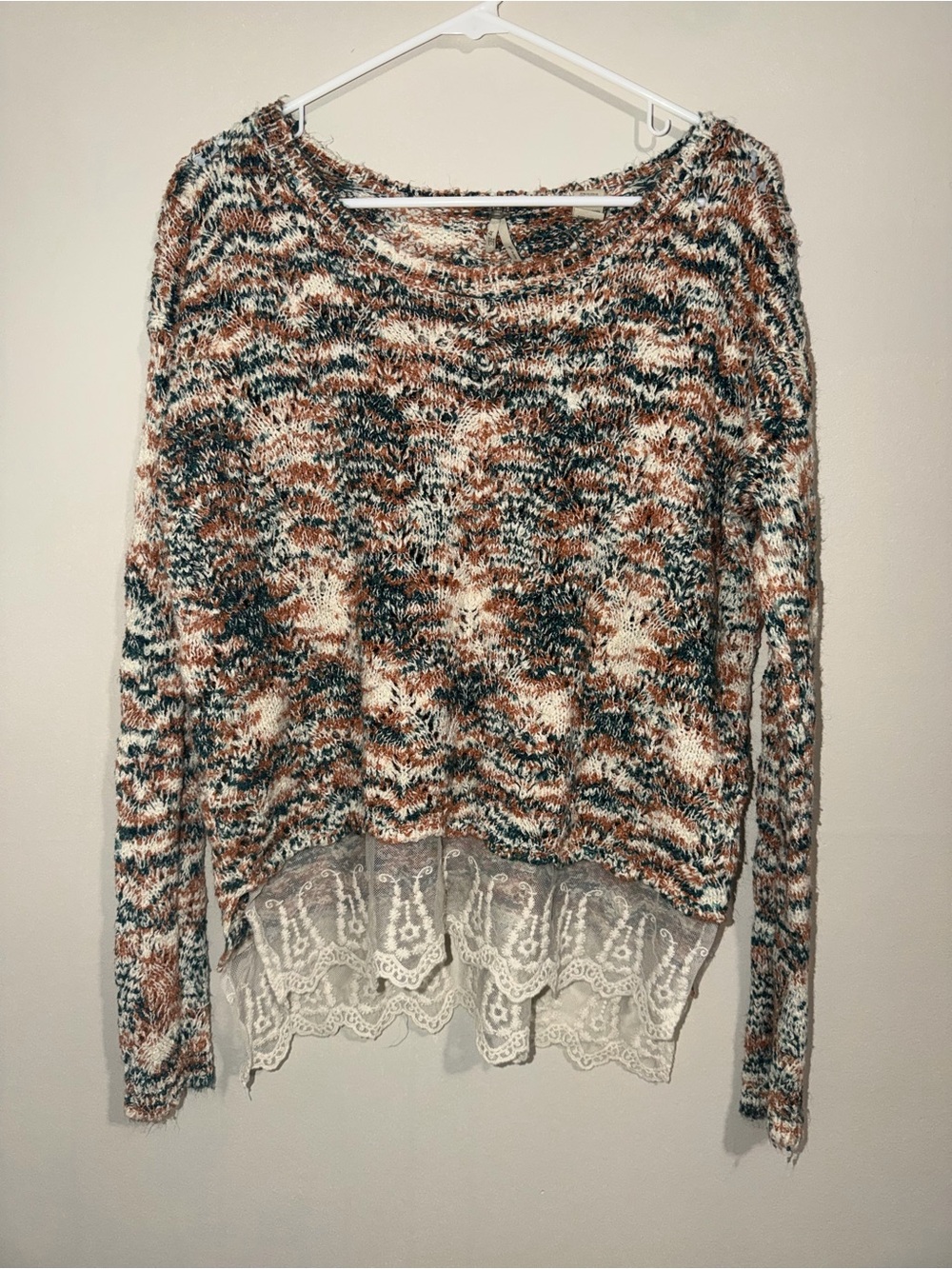 BKE Boutique Women’s Small Multicolor Open Knit Sweater Lace Hem Boho